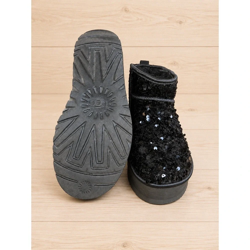 UGG Classic Ultra Mini Platform Sequin Boots Black Women's Size 8 EU 39